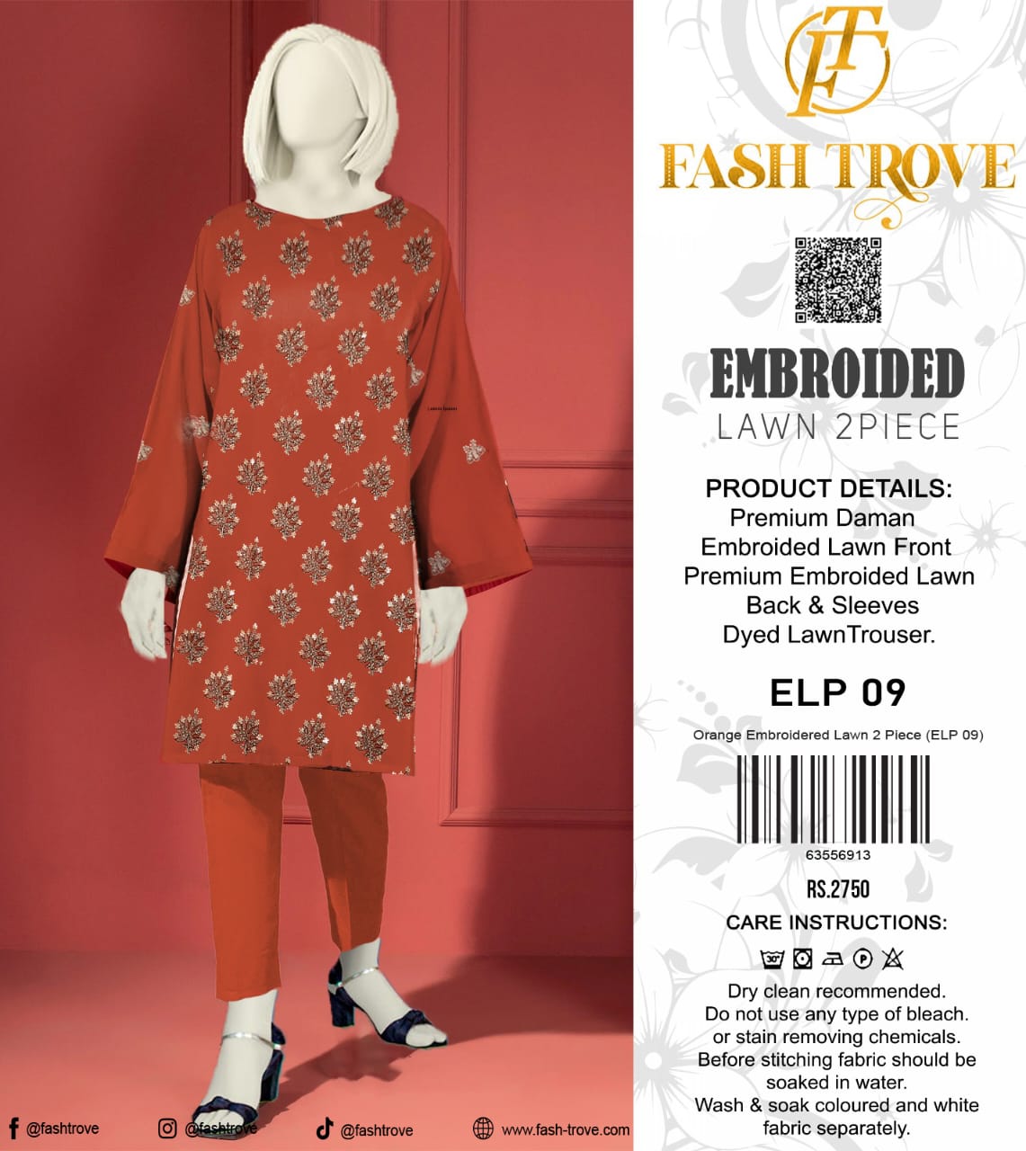 Orange Embroidered Lawn 2PC Unstiched (ELP 09)