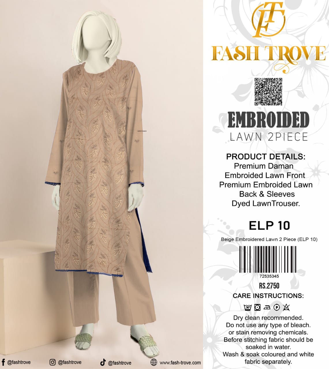 Beige Embroidered Lawn 2PC Unstiched (ELP 10)