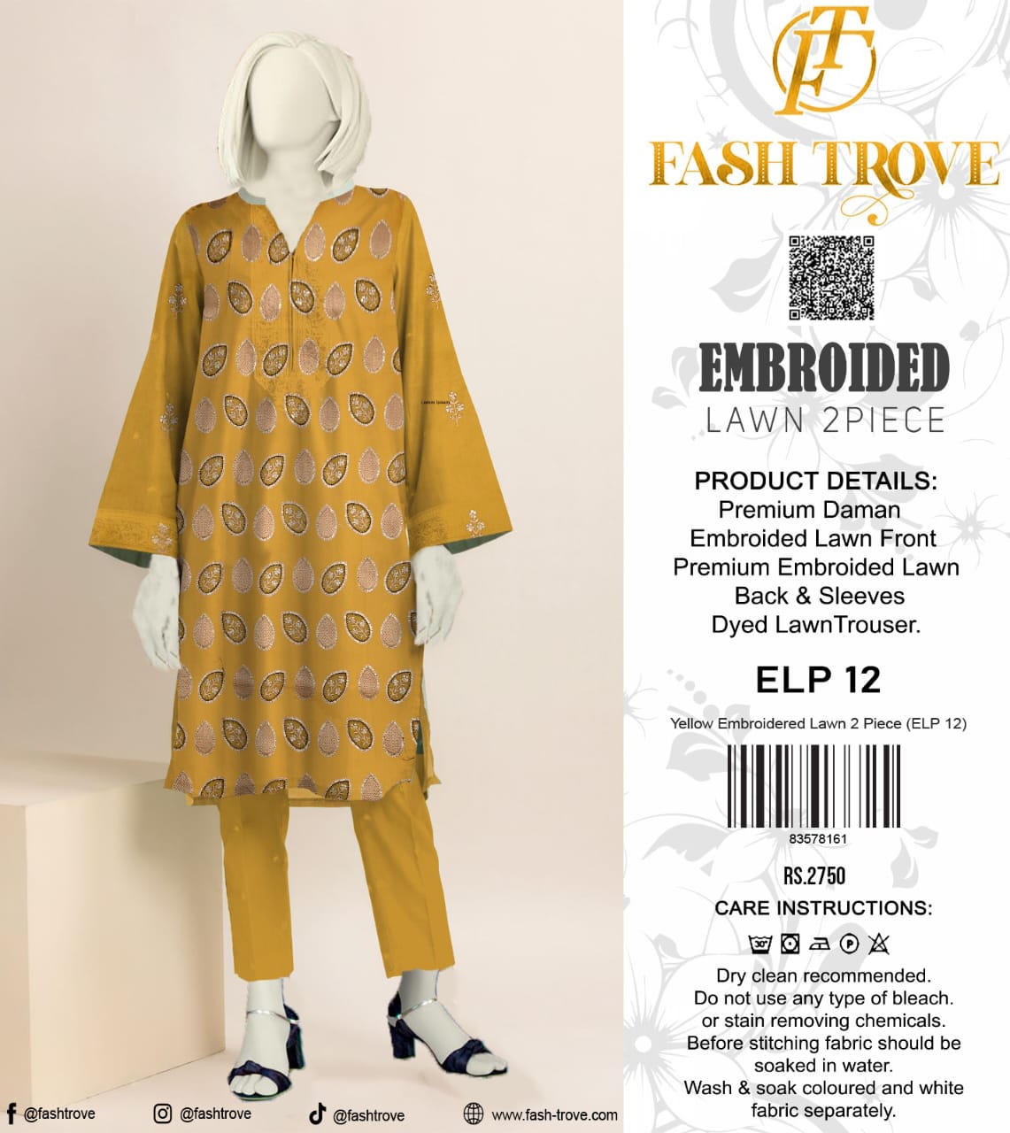 Yellow Embroidered Lawn 2PC Unstiched (ELP 12)